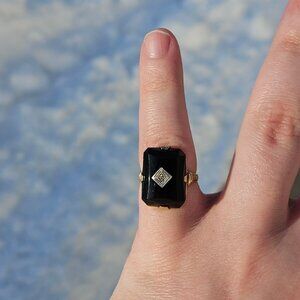 10K Yellow Gold Black Onyx Diamond Rectangular Statement Ring Size 4.25
